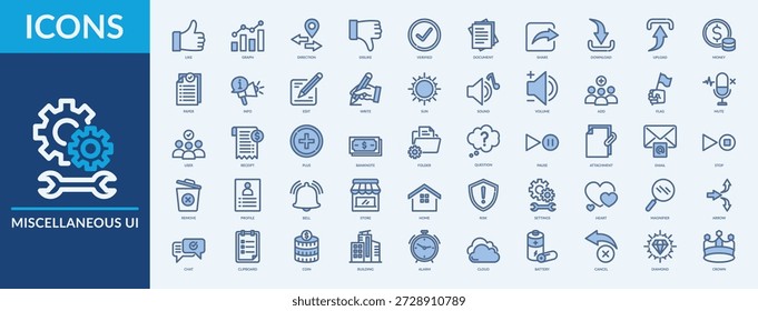 UI Varias - Colección de iconos. Thin Line Blue Set contiene iconos como me gusta, gráfico, dirección, disgusto y más. Conjunto de iconos web simples