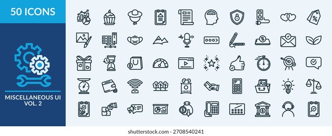 Verschiedenes UI-Vol.-2-Symbol-Set. Enthalten Liebe, Prozent, Bild, Server, Maske und mehr. Kollektion von Vektorsymbolen umreißen
