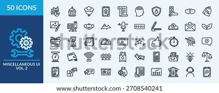 Miscellaneous UI vol. 2 icon set. Containing love, percent, image, server, mask and more. Outline vector icons collection