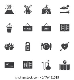 Miscellaneous vector icons set, modern solid symbol collection, filled style pictogram pack. Signs, logo illustration. Set includes icons as open and closed, menu book, gift card, hotel door hanger
