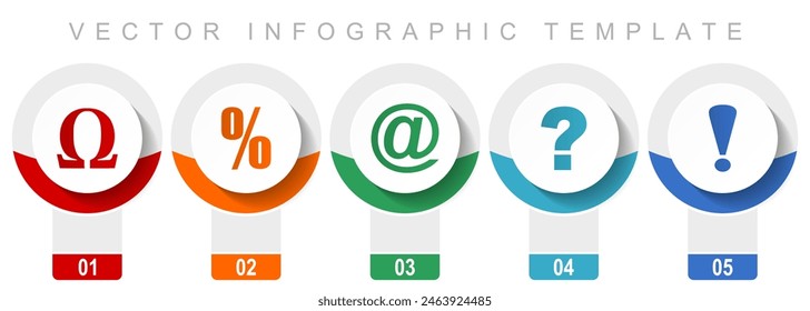 Miscellaneous vector icons such as omega, percent, at, question mark and exclamation sign, modern design infographic template, web buttons in 5 color options