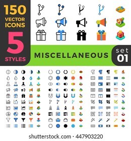Miscellaneous web mobile UI vector icon set in Linear outline flat isometric styles. Five types software and website symbols of 2d and 3d objects. App user interface elements collection.