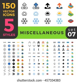 Miscellaneous web mobile UI vector icon set in Linear outline flat isometric styles. Five types software and website symbols of 2d and 3d objects. App user interface elements collection.