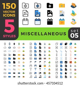 Miscellaneous web mobile UI vector icon set in Linear outline flat isometric styles. Five types software and website symbols of 2d and 3d objects. App user interface elements collection.