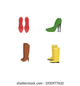 Miscellaneous women's shoes yellow rubber boots with fixation strap, brown leather heeled boots, green stiletto heels on the side and red shoes on top