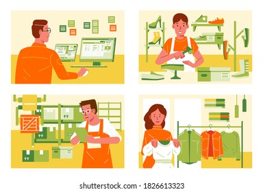 miscellaneous work in different workplace, employee at office, shoes maker, shop assistant, inventory warehouse supervisor vector illustration. used for infographic, web image and other.