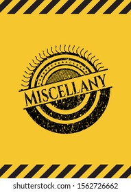 Miscellany black grunge emblem, yellow warning sign. Vector Illustration. Detailed.