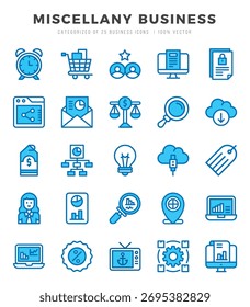 Miscellany Business Icon Pack 25 símbolos de Vector para el Diseño web.