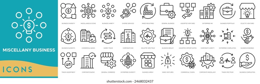 Miscellany Business icon set. Business Diversity, Miscellaneous Icons, Business Variety, Diverse Services, Mixed Industries, General Business and Assorted Ventures