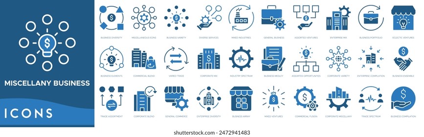 Miscellany Business icon set. Business Diversity, Miscellaneous Icons, Business Variety, Diverse Services, Mixed Industries, General Business and Assorted Ventures