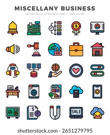 Miscellany Business Lineal Color icons collection. 25 icon set in a Lineal Color design.