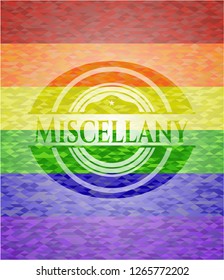 Miscellany emblem on mosaic background with the colors of the LGBT flag