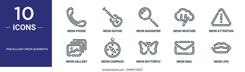 miscellany neon elements outline icon set includes thin line neon phone, neon guitar, magnifier, weather, attention, gallery, compass icons for report, presentation, diagram, web design
