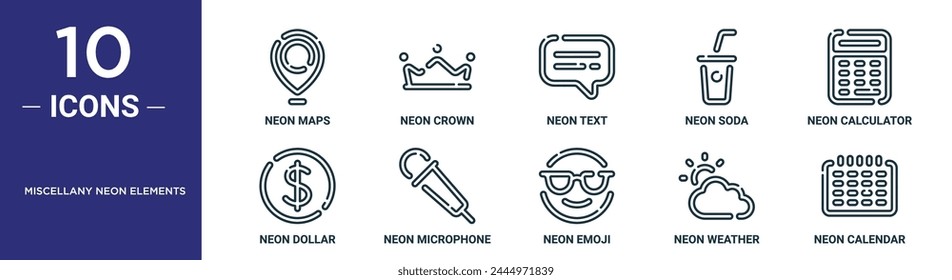 miscellany neon elements outline icon set includes thin line neon maps, neon crown, text, soda, calculator, dollar, microphone icons for report, presentation, diagram, web design