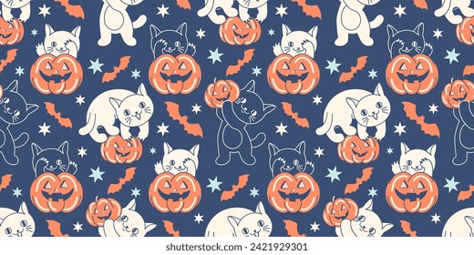 Mischief Halloween seamless wallpaper background. Funny cats and pumpkins as Day of the Dead concept. Backdrop with naughty kittens. Feline print for Halloween wrapping paper or fabric.