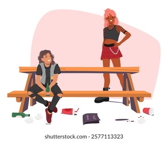 Mischief teenagers cartoon characters relaxing on park bench throwing trash on ground littering environment. Teenage friends group proud of bad habits and naughty behavior vector illustration