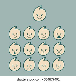 Mischievous baby face, smiley with different emotions on a blue background, vector
