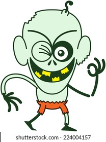 Mischievous bald zombie with bulging eyes, green skin, big ears and orange pants while frowning, smiling, winking and raising his left arm to make an OK sign in a very enthusiastic mood