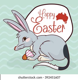 Mischievous bilby with some chocolate eggs in Australian Easter celebration and greeting sign.