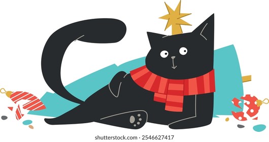 mischievous black cat and fallen christmas tree. new year or christmas cute cartoon black fat kitten. broken ornaments. winter holidays celebration card. vector illustration isolated.