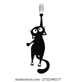A mischievous black cat playfully scratching and clinging with bold claws on a clean white design
