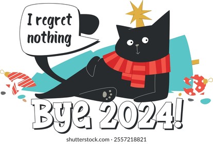 mischievous black cat with red scarf and star on its head. vector new year sticker template. hand drawn illustration isolated on transparent background. 2025 christmas or new year.