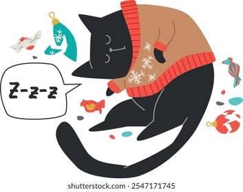 Gato negro travieso en suéter feo durmiendo. Adornos rotos de Navidad. Año Nuevo o Navidad Gatito gordo negro lindo de la historieta. Tarjeta de celebración de las fiestas de invierno. Ilustración vectorial