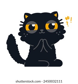 Mischievous black cat vector cartoon character isolated on a white background.