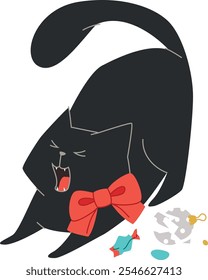 mischievous black cat yawning. new year or christmas cute cartoon black fat kitten. broken ornaments. winter holidays celebration card. vector illustration isolated.