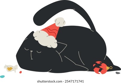 mischievous black in santa hat cat sleeping. broken xmas ornaments. new year or christmas cute cartoon black fat kitten. winter holidays celebration card. vector illustration