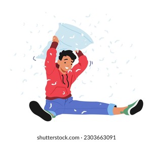 Mischievous Boy Character Tossing Pillow, Feathers Swirling In The Air, Creating A Playful And Chaotic Scene Of Laughter And Fluffy Chaos Isolated White Background. Cartoon People Vector Illustration