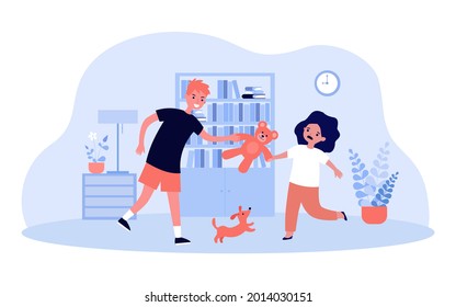 Mischievous brother taking teddy bear from upset sister. Siblings fighting over toy flat vector illustration. Family, relationship, children behavior concept for banner, website design or landing page