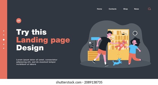Mischievous brother taking teddy bear from upset sister. Siblings fighting over toy flat vector illustration. Family, relationship, children behavior concept for banner, website design or landing page