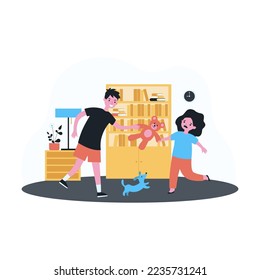 Mischievous brother taking teddy bear from upset sister. Siblings fighting over toy flat vector illustration. Family, relationship, children behavior concept for banner