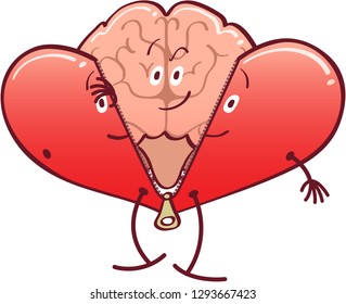 Mischievous cartoon brain getting rid of its red heart costume by unzipping it and revealing its true identity