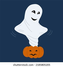 A mischievous cartoon ghost flying out of a pumpkin on dark blue background for halloween.
