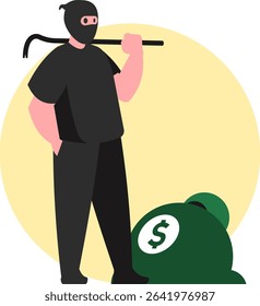 A mischievous cartoon thief swiftly snatches a bag of money. Ideal vector illustration for themes of crime, financial security, dishonesty, and humorous takes on illicit activities