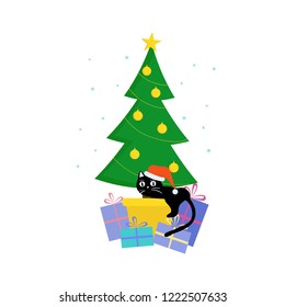Mischievous cat in christmas hat tries to clamber up Christmas tree. Moment of cat playing on New Year celebration. Vector cartoon christmas illustration with present, gifts and kitten on tree.