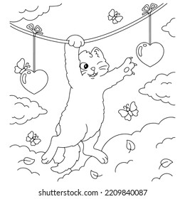 A mischievous cat hung on a garland. Coloring book page for kids. Valentine's Day. Cartoon style character. Vector illustration isolated on white background.