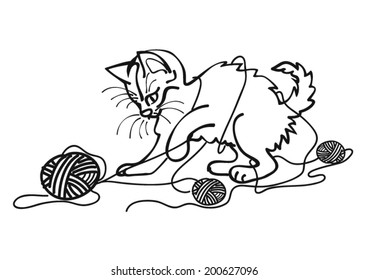 Mischievous cat playing with yarn balls