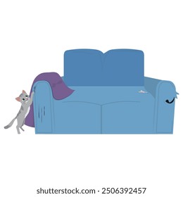 mischievous cat tearing up a sofa, vector illustration white background.