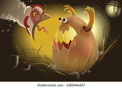 Mischievous 
chick is frightening his mother hen. White hen frightened by chick from egg. broody screaming. Birthday mischievous 
chick. Funny vector illustration