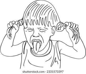 Mischievous Child Pulling Her Hair: Continuous Outline Sketch, Cartoon Style Naughty Kid Girl with Hair-Pulling Gesture, Amusing Cartoon Illustration: Child Expressing Frustration by Pulling Hair