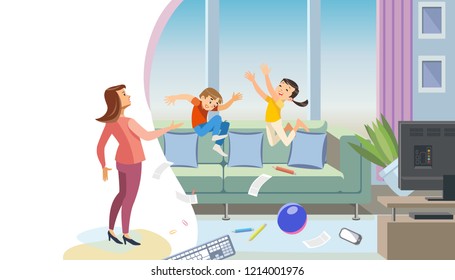 Mischievous Children Making Mess In Home Cartoon Vector Concept. Angry Mother Scolding Naughty Son And Daughter Jumping On Sofa, Scattering Things In Living Room. Kids Bad Behavior, Poor Discipline