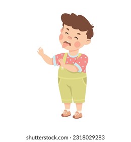 Mischievous cute little boy. Brown haired boy dressed jumpsuit sticking out tongue and teasing cartoon vector illustration