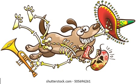 Mischievous dog grinning and running away with a Mexican skeleton in its mouth. The decorated skeleton is feeling terrified, desperate while yelling and firmly grabbing his big hat and his trumpet