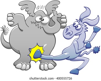 Mischievous donkey doing a violent back kick to hit the pelvis of a chubby elephant. The elephant expresses its pain by crossing its eyes, raising its ears and clenching its mouth