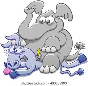 Mischievous elephant having pleasure at sitting on a donkey and crushing it. The donkey expresses its pain by crossing its eyes, sticking its tongue out and showing a lightning bolt