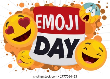 Mischievous emojis celebrating its day over calendar and promoting Emoji Day: emoticon with hearts in its eyes, another frightened, one with tongue out and finally a happy one.
