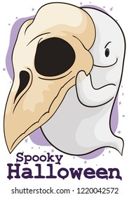 Mischievous ghost holding a skull, ready for pranks during Halloween celebration.
